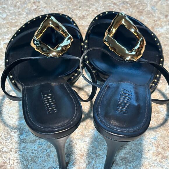 Schutz Women's Amarilis Stiletto Black Gold Sandal Mule Heels New Size 11 - Picture 9 of 11